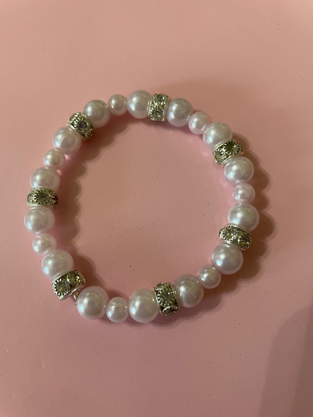 Hand Crafted White Pearl Stretch Bracelet with Gold Accents